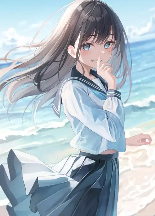 18comic 黑长发水手服少女海边插画